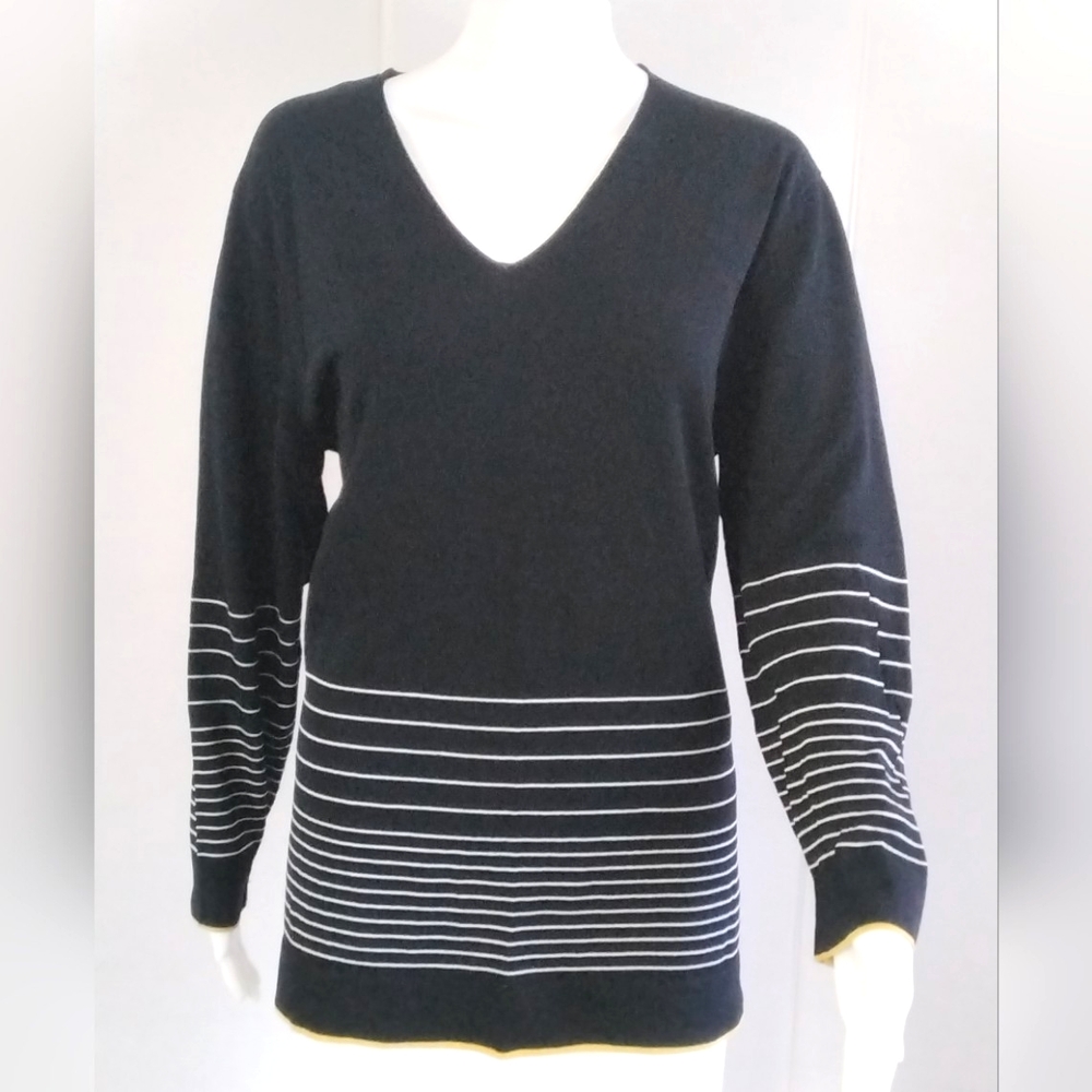 CHICO'S Design Black White Stripe Yellow Trim V-Neck Sweater Sz 2 (12)
